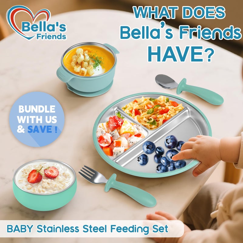 Bella's Friends Bellaâ€™s Friends Baby Feeding Set, 2 Pack Stainless Steel Divided Plate with Silicone Suction, 2 Set Spoons and Forks, BPA Free, Dishwasher Safe, Baby Led Weaning Supplies, Toddler Utensils,beige green - Image 5