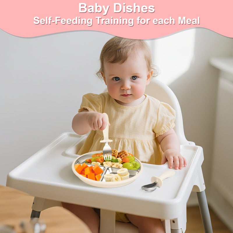 Bella's Friends Bellaâ€™s Friends Baby Feeding Set, 2 Pack Stainless Steel Divided Plate with Silicone Suction, 2 Set Spoons and Forks, BPA Free, Dishwasher Safe, Baby Led Weaning Supplies, Toddler Utensils,beige green - Image 3