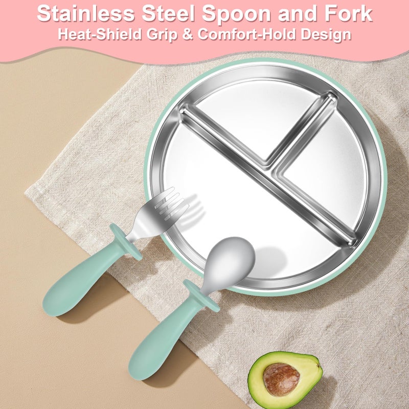 Bella's Friends Bellaâ€™s Friends Baby Feeding Set, 2 Pack Stainless Steel Divided Plate with Silicone Suction, 2 Set Spoons and Forks, BPA Free, Dishwasher Safe, Baby Led Weaning Supplies, Toddler Utensils,beige green - Image 4