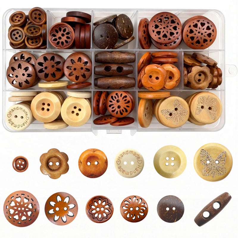 SUNGARDERY Assorted Wood Buttons for Sewing Crafts 125Pcs Handmade Mixed Sewing Wooden Buttons with Storage Box for Clothes Sewing Art DIY Craft - Image 3