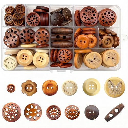 SUNGARDERY Assorted Wood Buttons for Sewing Crafts 125Pcs Handmade Mixed Sewing Wooden Buttons with Storage Box for Clothes Sewing Art DIY Craft - Image 1