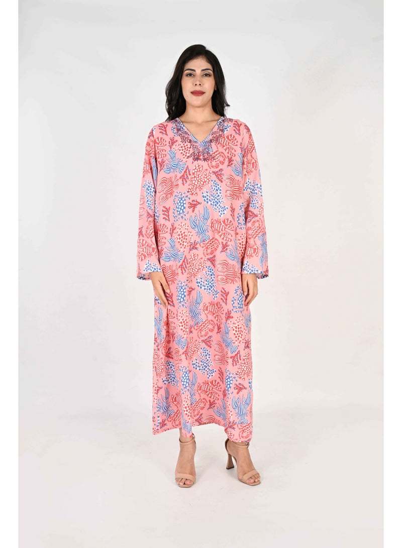 لـيـنـيـل جلابيات لينيل النسائية - طبعة زهور تجريدية باللون الأزرق والوردي والأبيض مع تفاصيل تطريز - Image 2