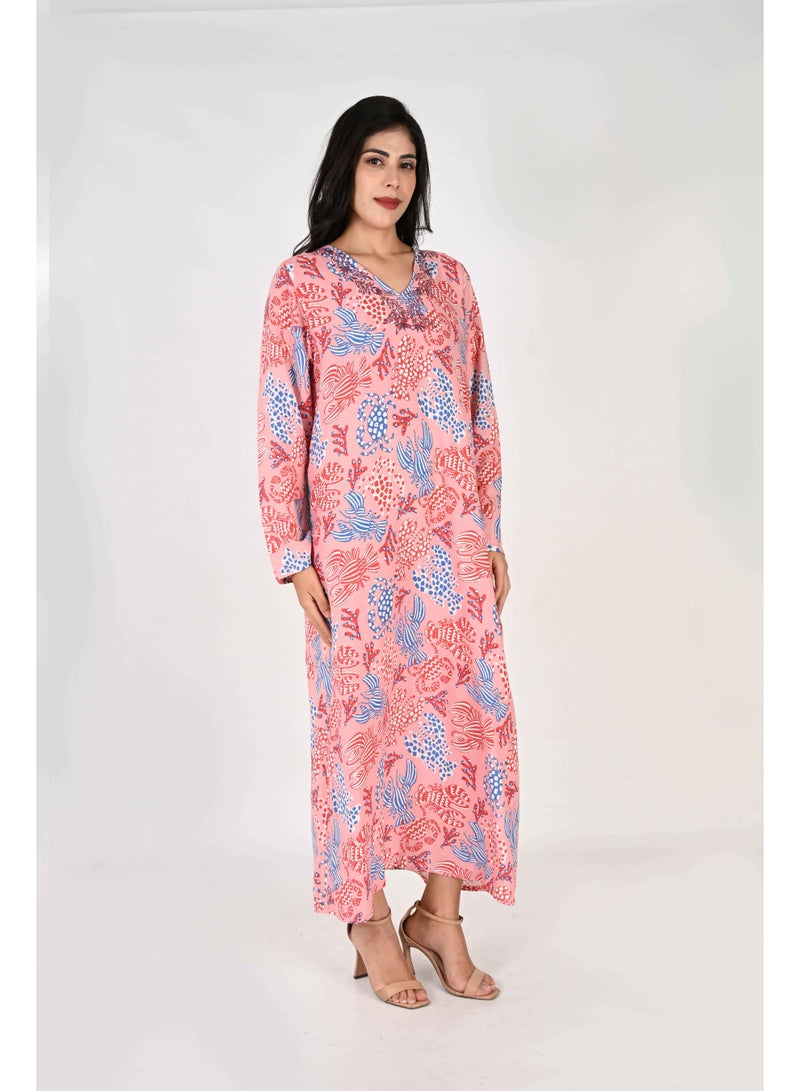 لـيـنـيـل جلابيات لينيل النسائية - طبعة زهور تجريدية باللون الأزرق والوردي والأبيض مع تفاصيل تطريز - Image 4