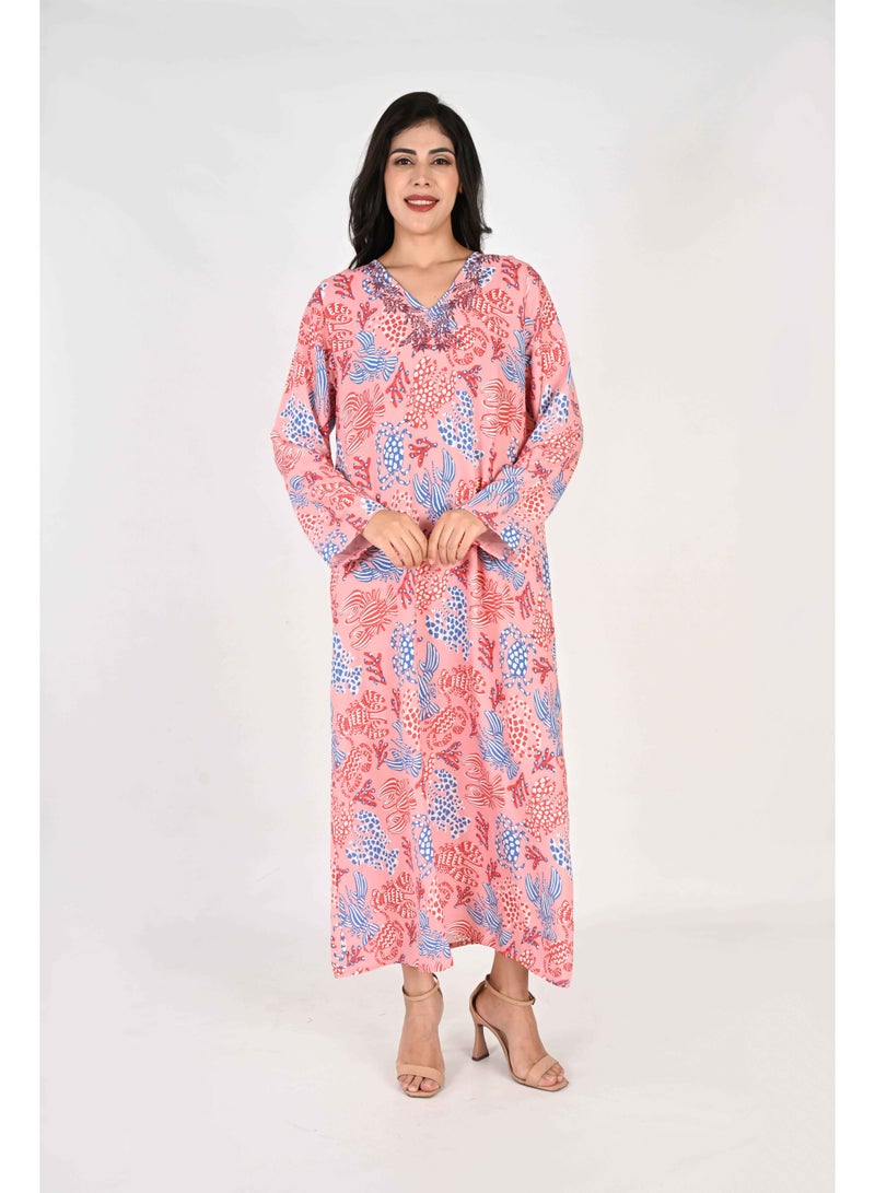 لـيـنـيـل جلابيات لينيل النسائية - طبعة زهور تجريدية باللون الأزرق والوردي والأبيض مع تفاصيل تطريز - Image 3