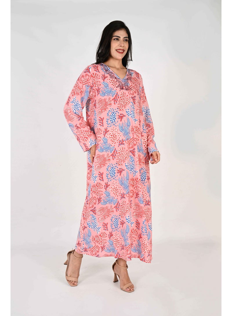 لـيـنـيـل جلابيات لينيل النسائية - طبعة زهور تجريدية باللون الأزرق والوردي والأبيض مع تفاصيل تطريز - Image 5