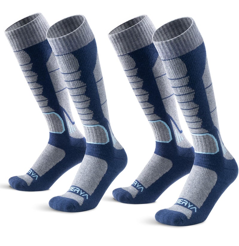 WEIERYA Ski Sock Merino Wool Ski Socks Mens Womens Skiing & Snowboarding Socks, Over The Calf (US, Alpha, Large, Regular, Regular, 2, Blue) - Image 1