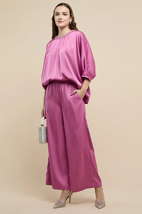 R&B Solid Wide Leg Pants with Elastic Waist