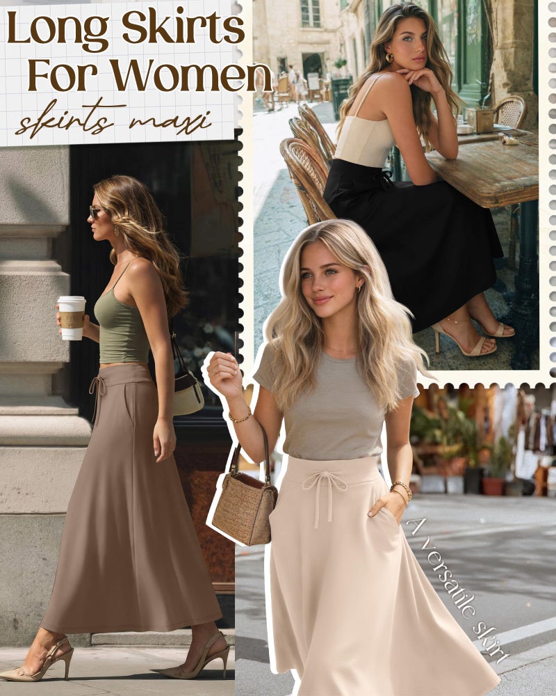Riyiper 3 Pack Women's Maxi Skirts Long Skirts with Pockets High Waist a Line Drawstring Ankle Length Flowing Casual Summer(Black, Coffee, Apricot,Large) - Image 3