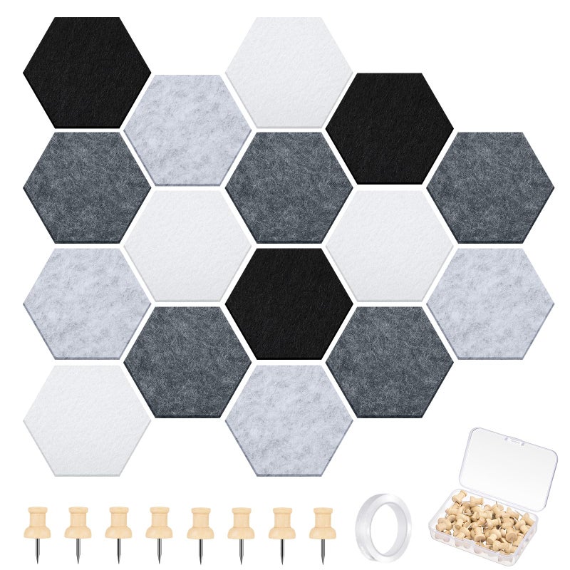 Mindsoft 16 Pcs Hexagon Cork Board for Walls with 50 Wooden Push Pins 6.7 x 5.9 in Felt DIY Tiles Notice with Nano Tape Hanging Bulletin Board for Home Photo Office Memo Note(Grey) - Image 1