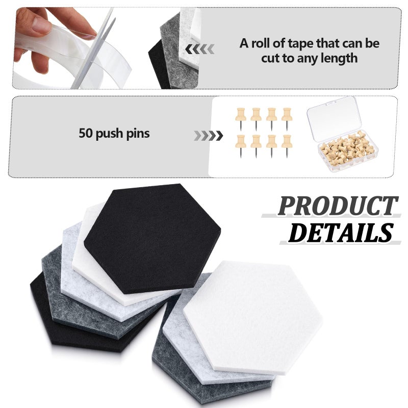 Mindsoft 16 Pcs Hexagon Cork Board for Walls with 50 Wooden Push Pins 6.7 x 5.9 in Felt DIY Tiles Notice with Nano Tape Hanging Bulletin Board for Home Photo Office Memo Note(Grey) - Image 4