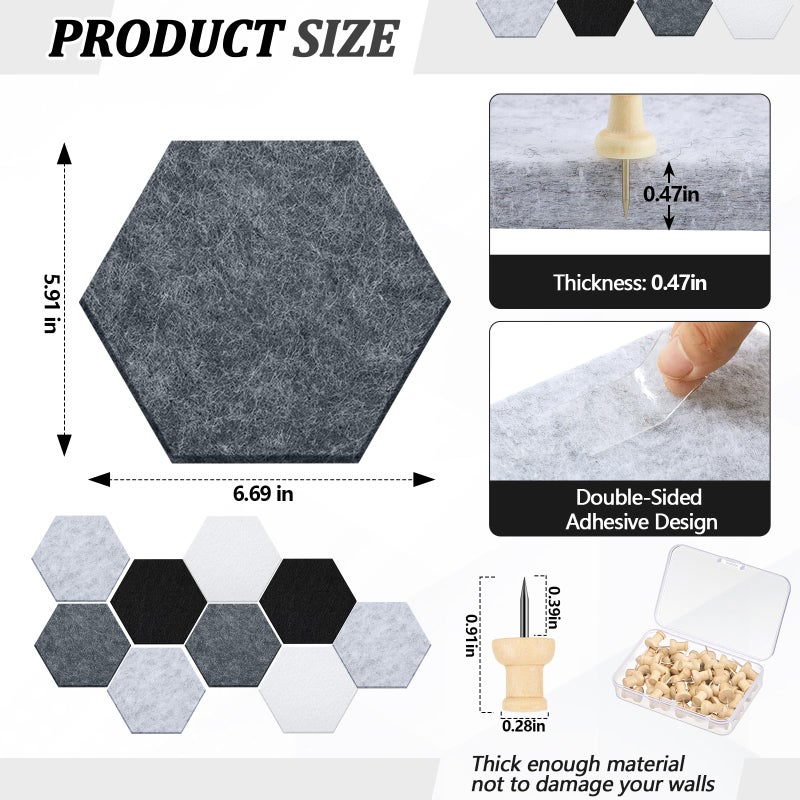 Mindsoft 16 Pcs Hexagon Cork Board for Walls with 50 Wooden Push Pins 6.7 x 5.9 in Felt DIY Tiles Notice with Nano Tape Hanging Bulletin Board for Home Photo Office Memo Note(Grey) - Image 2