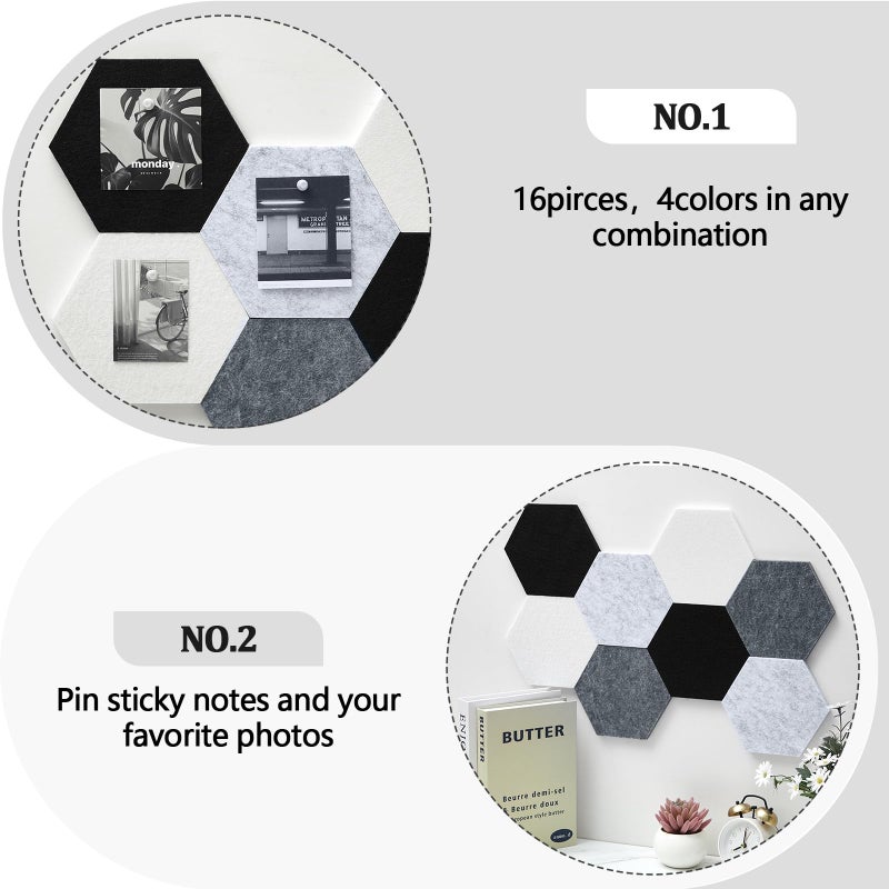 Mindsoft 16 Pcs Hexagon Cork Board for Walls with 50 Wooden Push Pins 6.7 x 5.9 in Felt DIY Tiles Notice with Nano Tape Hanging Bulletin Board for Home Photo Office Memo Note(Grey) - Image 3