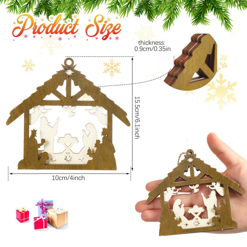 Amyhill 8 Pcs Christmas Nativity Scene Ornament 3D Christian Wooden Hanging Ornament Multilayer Christmas Religious Gifts Hanging Jesus Ornament Nativity Christmas Decorations for Xmas Tree (House) - Image 2