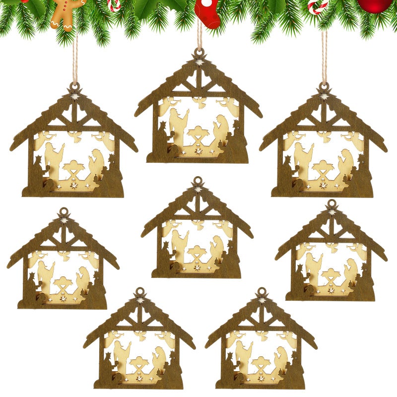 Amyhill 8 Pcs Christmas Nativity Scene Ornament 3D Christian Wooden Hanging Ornament Multilayer Christmas Religious Gifts Hanging Jesus Ornament Nativity Christmas Decorations for Xmas Tree (House) - Image 1