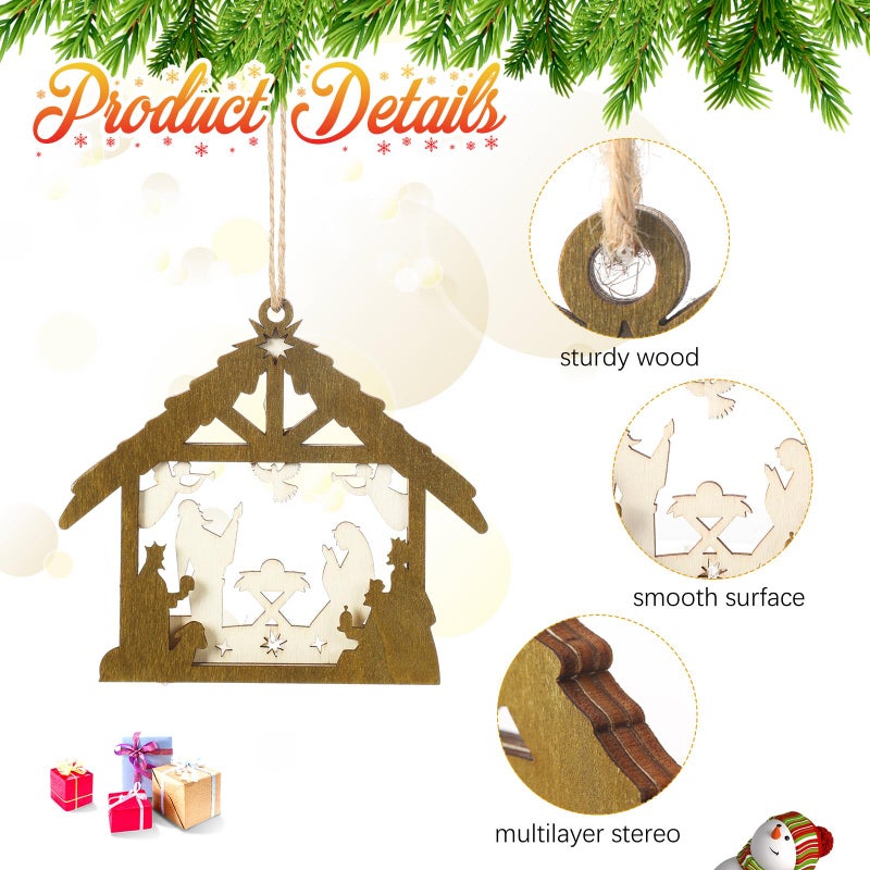 Amyhill 8 Pcs Christmas Nativity Scene Ornament 3D Christian Wooden Hanging Ornament Multilayer Christmas Religious Gifts Hanging Jesus Ornament Nativity Christmas Decorations for Xmas Tree (House) - Image 3