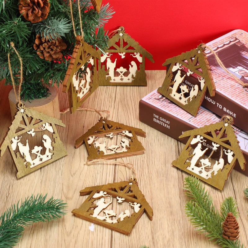 Amyhill 8 Pcs Christmas Nativity Scene Ornament 3D Christian Wooden Hanging Ornament Multilayer Christmas Religious Gifts Hanging Jesus Ornament Nativity Christmas Decorations for Xmas Tree (House) - Image 4