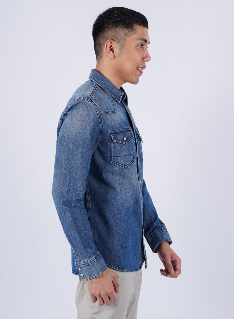 JACK & JONES Men’s Faded Double Chest Pockets denim Shirt in Blue  - Image 3