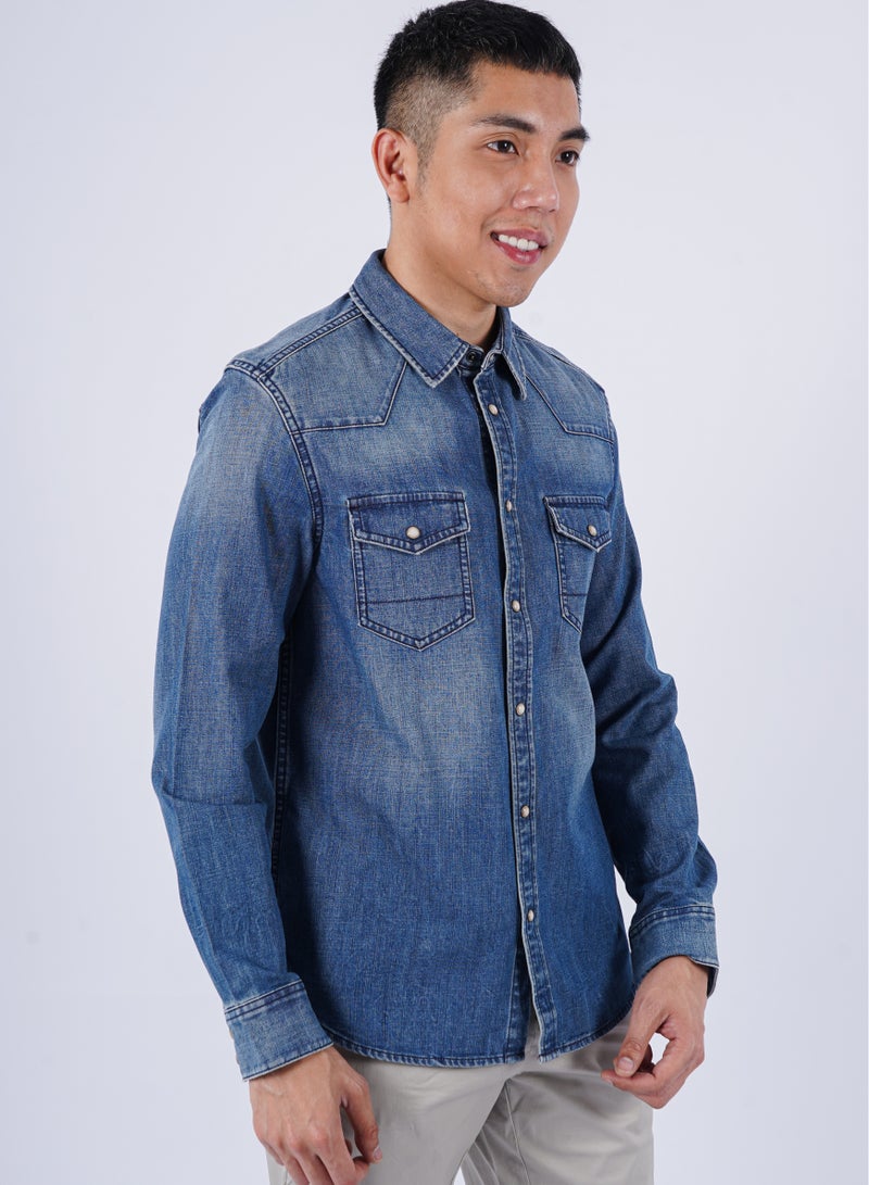 JACK & JONES Men’s Faded Double Chest Pockets denim Shirt in Blue  - Image 4