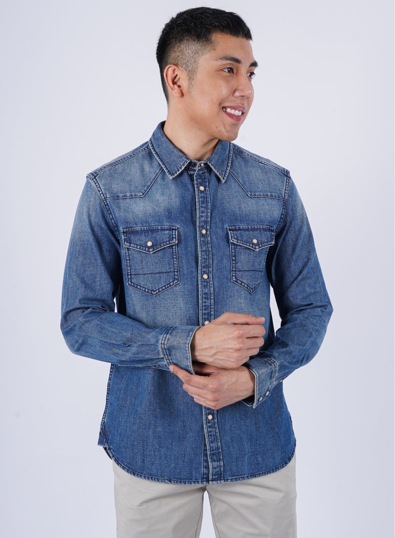 JACK & JONES Men’s Faded Double Chest Pockets denim Shirt in Blue  - Image 1