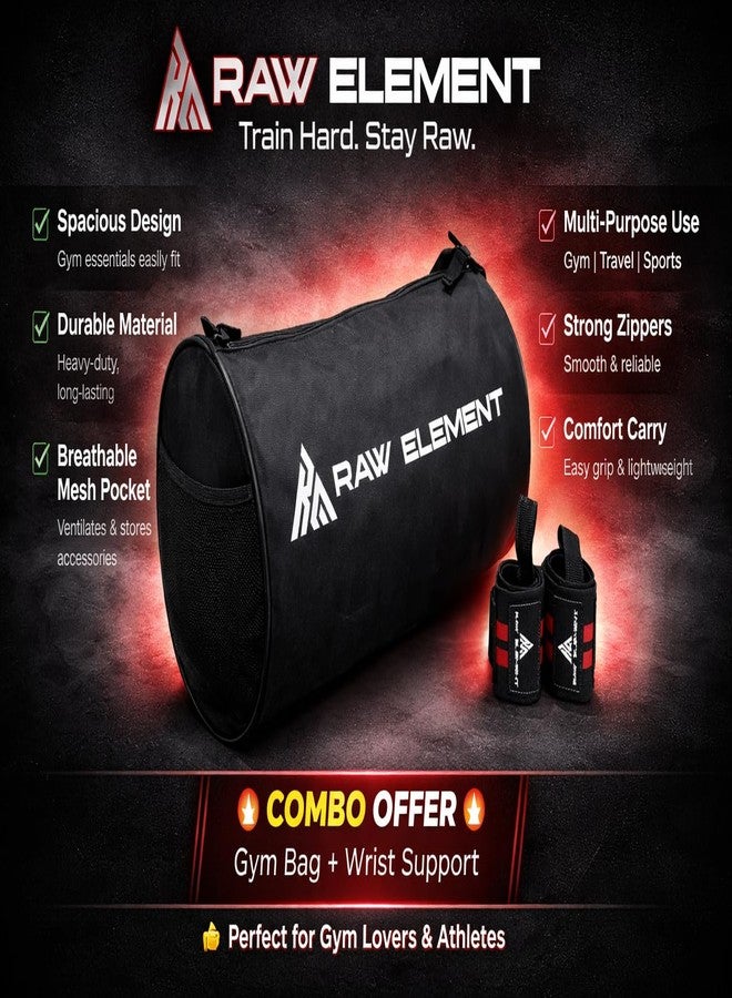 RAW ELEMENT Gym Duffle Bag with Wrist Support Combo | Spacious & Durable Sports Bag | Water Resistant Travel Gym Bag for Men & Women | Strong Zippers & Comfortable Carry (Black) - Image 3