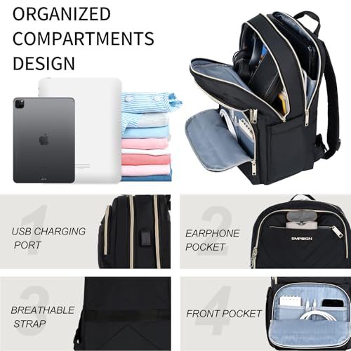 EMPSIGN Laptop Backpack Purse for Women and Men with USB Charging Port, 15.6 Inch Travel Water Resistant Quilted Backpack, High-Capacity 30L Work Business Computer Backpack, Black - Image 4