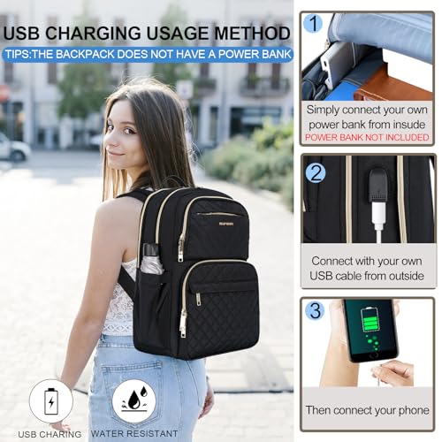 EMPSIGN Laptop Backpack Purse for Women and Men with USB Charging Port, 15.6 Inch Travel Water Resistant Quilted Backpack, High-Capacity 30L Work Business Computer Backpack, Black - Image 5
