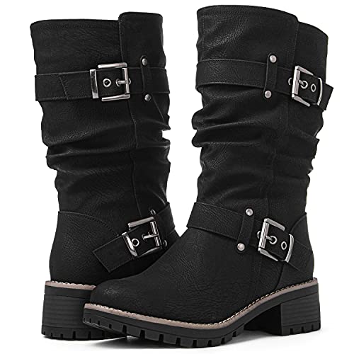 GLOBALWIN Women's Mid Calf Dress Boots Biker Motorcycle Riding Boots Women For Women Black Size 8M - Image 2