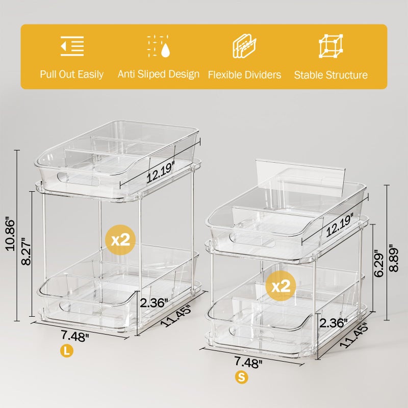 Delamu 2-Tier Under Sink Organizers and Storage, Multi-Purpose Stackable Bathroom Cabinet organizers, Pull Out Kitchen Pantry Organization and Storage with Dividers(4 Pack, Clear) - Image 5