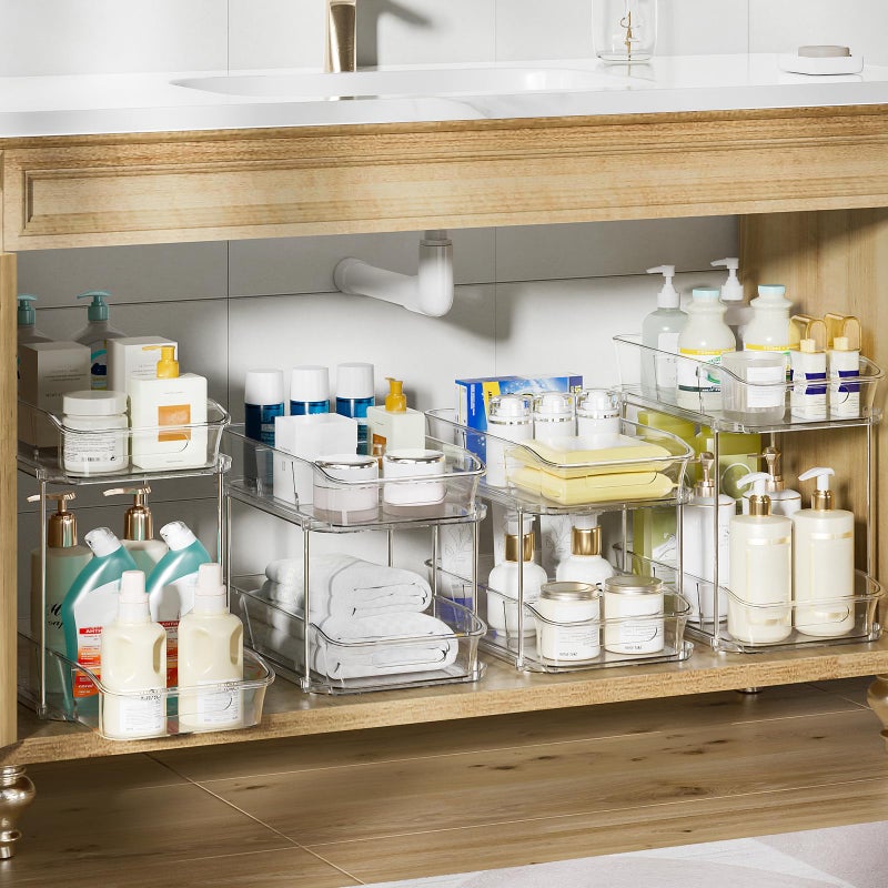 Delamu 2-Tier Under Sink Organizers and Storage, Multi-Purpose Stackable Bathroom Cabinet organizers, Pull Out Kitchen Pantry Organization and Storage with Dividers(4 Pack, Clear) - Image 2