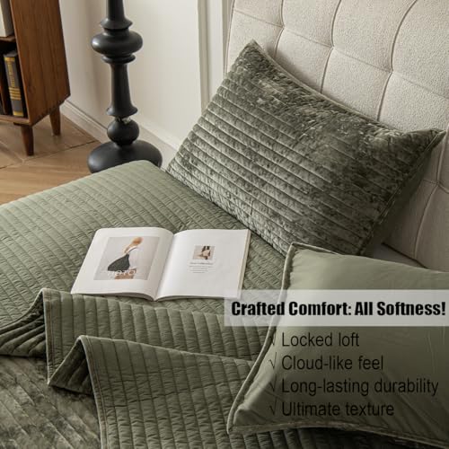LR Rocaloca Velvet Oversized King Size Quilt Set 120x128 Soft Striped Bed Cover Set All Seasons Cozy Breathable Bedspread Includes 2 Pillowcases 20×36,Army Green - Image 2