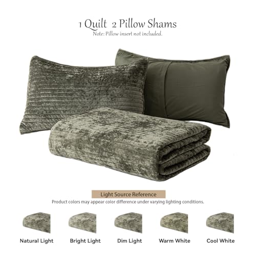 LR Rocaloca Velvet Oversized King Size Quilt Set 120x128 Soft Striped Bed Cover Set All Seasons Cozy Breathable Bedspread Includes 2 Pillowcases 20×36,Army Green - Image 5