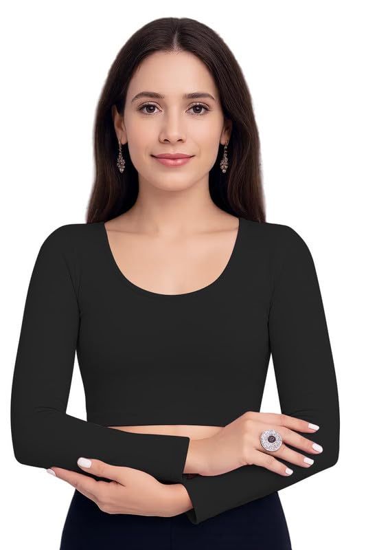 JOVO Readymade Cotton Fitted Saree Blouse for Women Full Sleeve Square Round U Neck Regular fit Stretchable Pullon Western Stylish Crop Top NJ17 1059 L BLK Black - Image 4