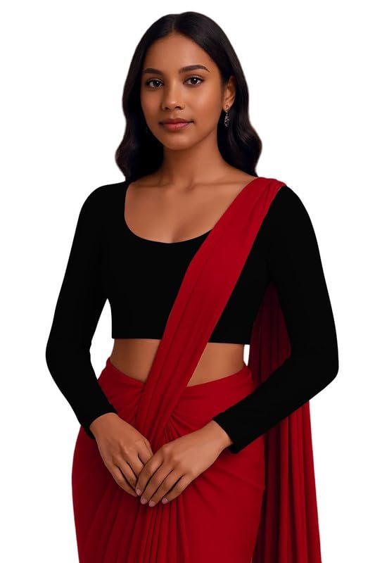 JOVO Readymade Cotton Fitted Saree Blouse for Women Full Sleeve Square Round U Neck Regular fit Stretchable Pullon Western Stylish Crop Top NJ17 1059 L BLK Black - Image 3