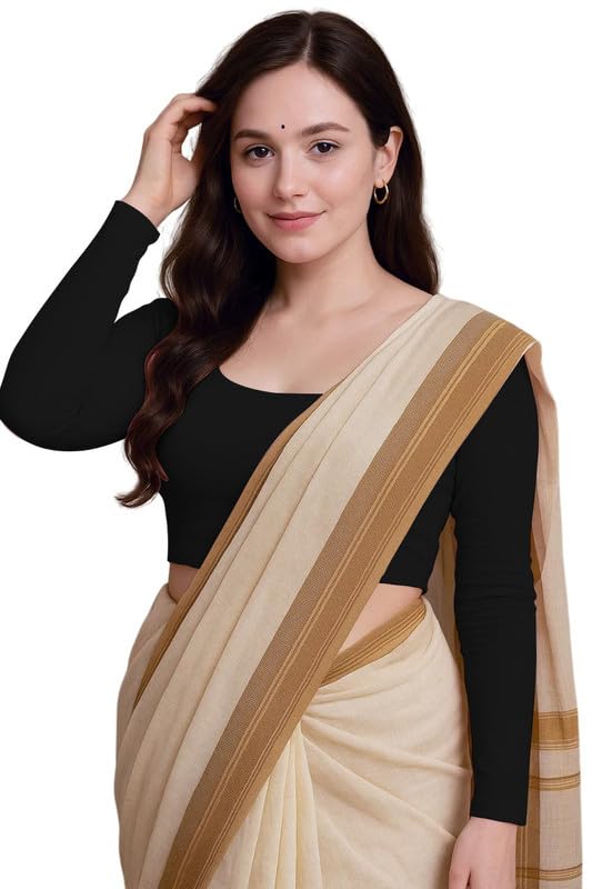 JOVO Readymade Cotton Fitted Saree Blouse for Women Full Sleeve Square Round U Neck Regular fit Stretchable Pullon Western Stylish Crop Top NJ17 1059 L BLK Black - Image 1
