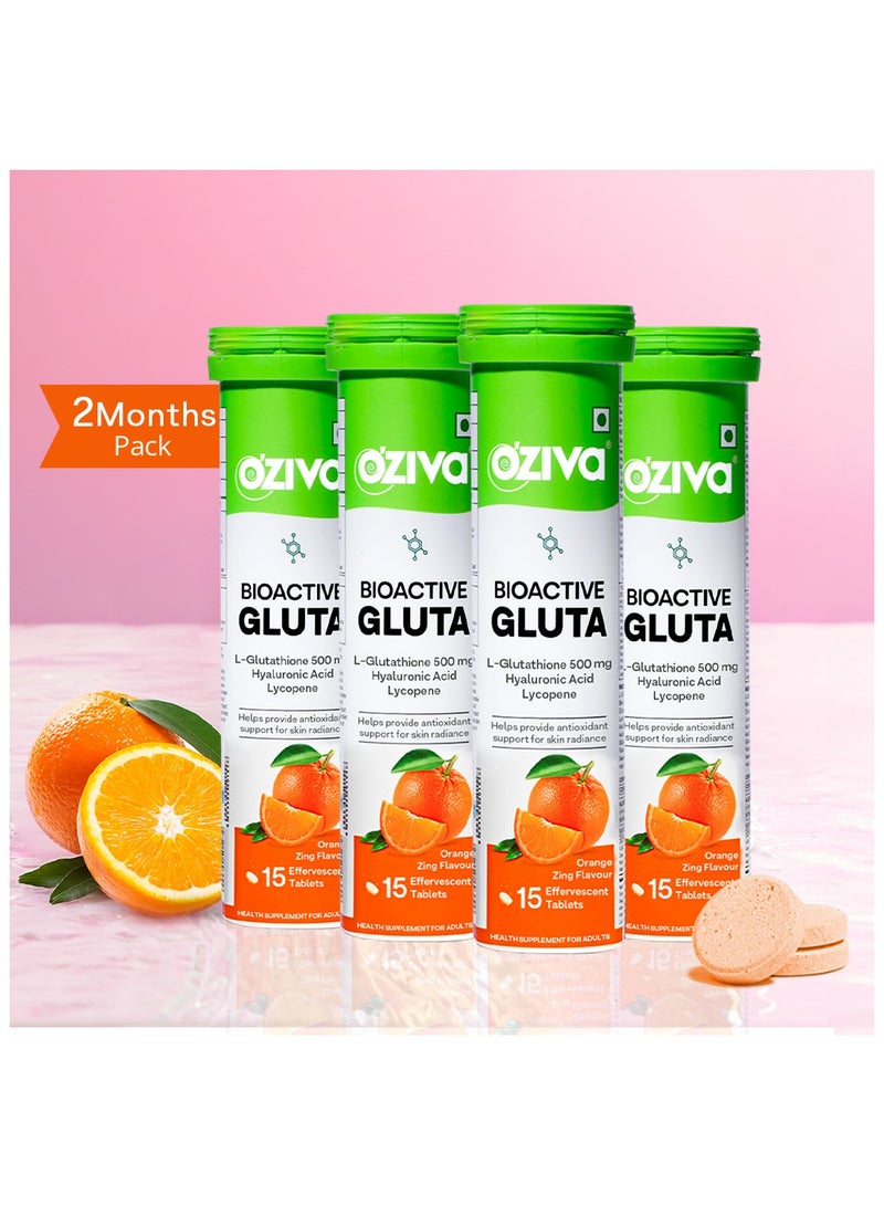 OZiva بيو أكتيف غلوتا فزي - 5 مضادات أكسدة قوية | أقراص الجلوتاثيون لإشراقة البشرة وتألقها | مع حمض الهيالورونيك، الليكوبين، الأستازانتين - نكهة البرتقال، عبوة من 4 (60 قرص) - Image 1