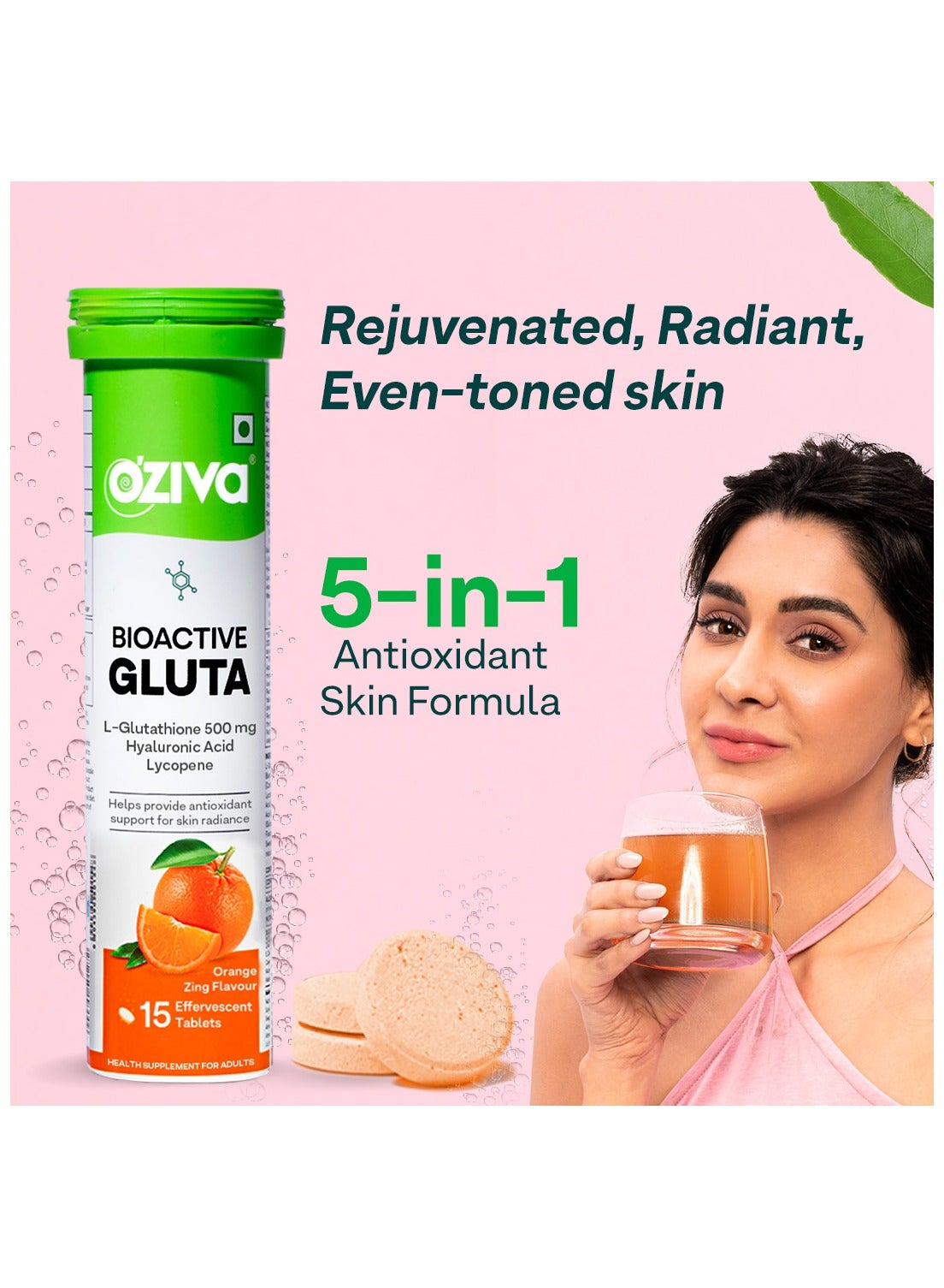 OZiva Bioactive Gluta Fizzy-5 Potent Antioxidants | Glutathione tablets For Skin Radiance & Glow | With Hyaluronic Acid, Lycopene, Astaxanthin - Orange zing, Pack of 4 (60 Tablets) | Best Price Bahrain