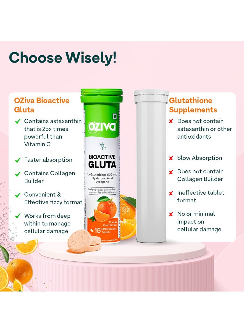 OZiva بيو أكتيف غلوتا فزي - 5 مضادات أكسدة قوية | أقراص الجلوتاثيون لإشراقة البشرة وتألقها | مع حمض الهيالورونيك، الليكوبين، الأستازانتين - نكهة البرتقال، عبوة من 4 (60 قرص) - Image 4