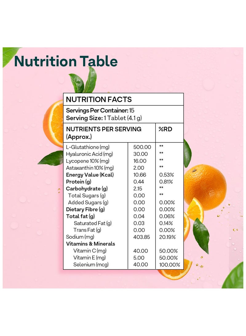 OZiva بيو أكتيف غلوتا فزي - 5 مضادات أكسدة قوية | أقراص الجلوتاثيون لإشراقة البشرة وتألقها | مع حمض الهيالورونيك، الليكوبين، الأستازانتين - نكهة البرتقال، عبوة من 4 (60 قرص) - Image 5