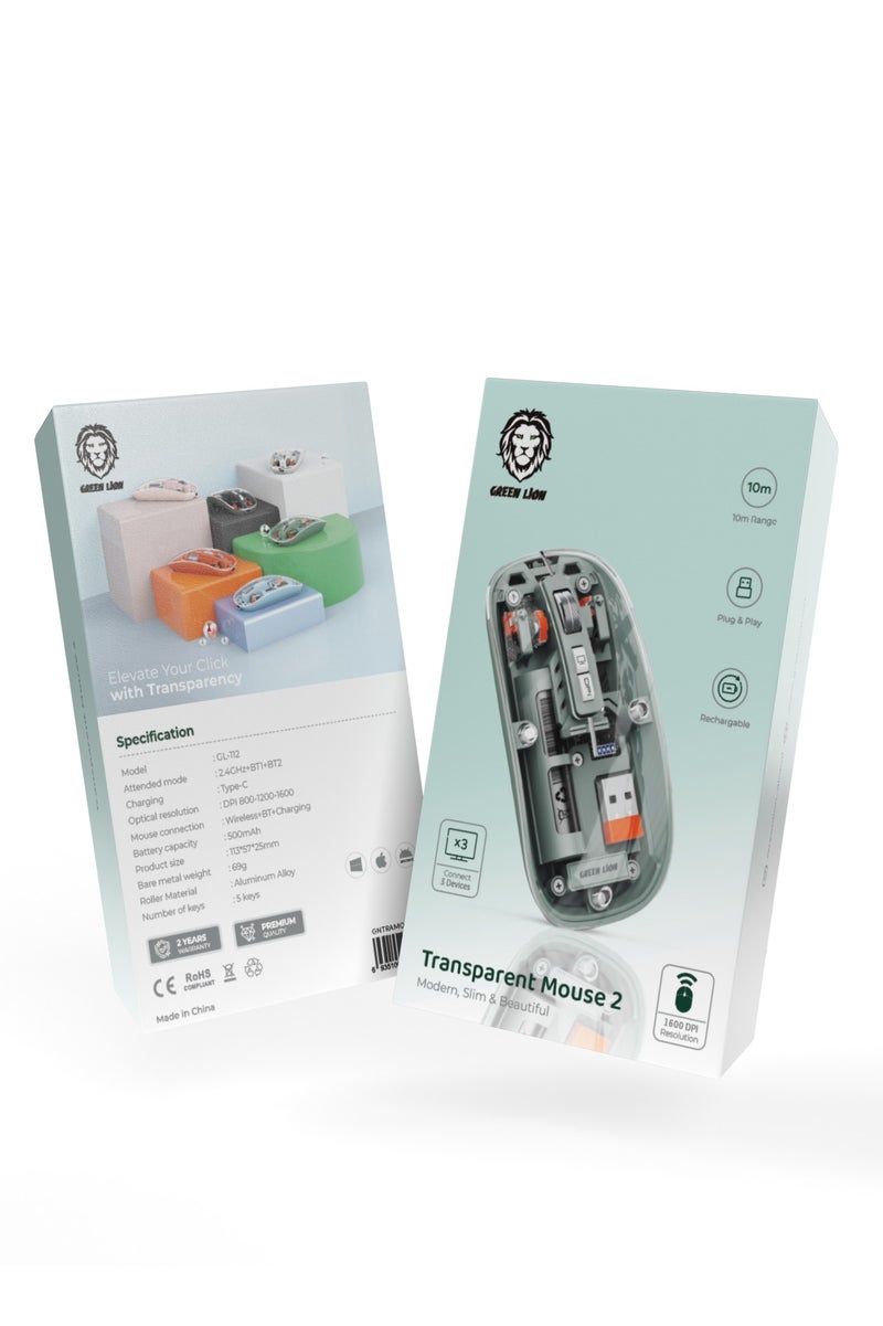 GREEN LION Transparent Mouse 2 1600DPI 10m Range 5 keys / Aluminum Alloy Roller / Plug & Play for Windows / Android / Mac / 500mAh Battery Capacity / Wireless + BT + Charging Mouse Connection - Grey - Image 2