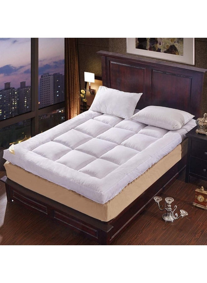 Super King Soft Material Mattress Topper - 200 x 200+6 cm, 85 Gsm Microfiber 1 cm Stripe - 500Gsm Soft, Firm, Extra Thick Fibersheet With 4 Sides Elastic Bands, White, Supper King - Image 1