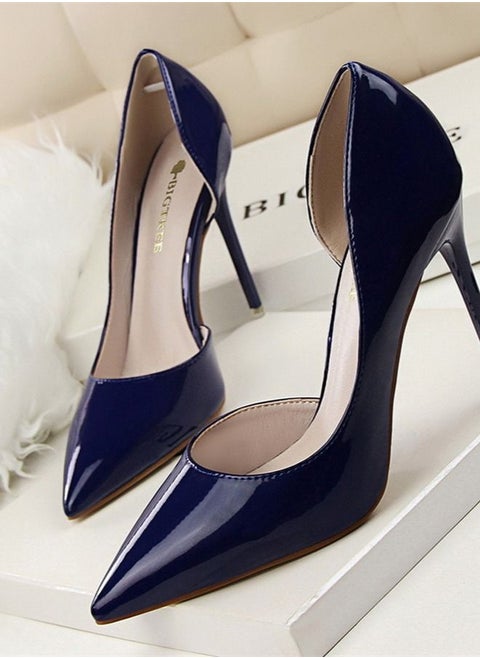 Lacquer Leather Shallow Mouth Pointed Hollow High Heel Shoes 10.5CM Blue