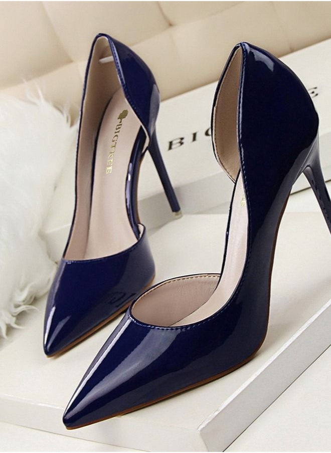 BIGTREE - Lacquer Leather Shallow Mouth Pointed Hollow High Heel Shoes 10.5CM Blue - Image 1