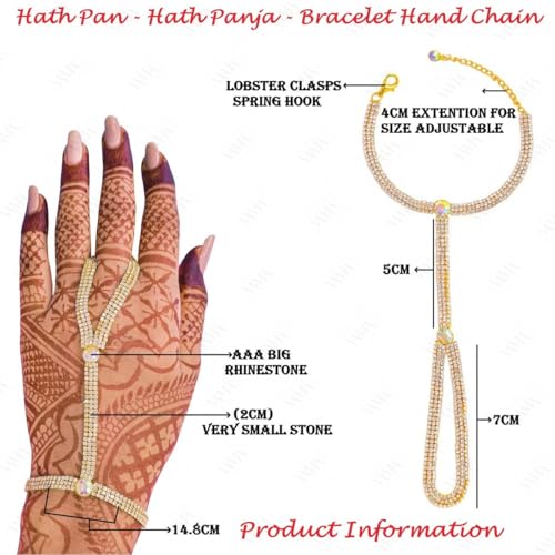 VAMA FASHIONS Golden Hand Bracelet Link chain Without Ring Bridal Diamond Hathphool Stone Hath Panja Hand Harness for Women and Girls (3 Line Hath phool For Wedding) - Image 3