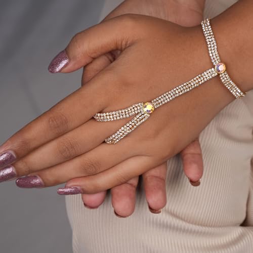 VAMA FASHIONS Golden Hand Bracelet Link chain Without Ring Bridal Diamond Hathphool Stone Hath Panja Hand Harness for Women and Girls (3 Line Hath phool For Wedding) - Image 4