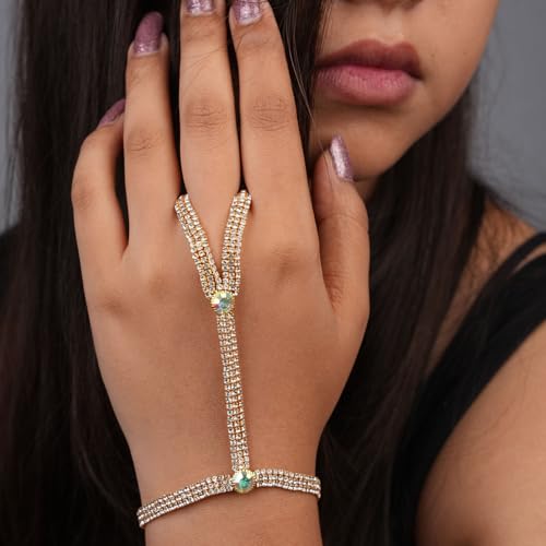 VAMA FASHIONS Golden Hand Bracelet Link chain Without Ring Bridal Diamond Hathphool Stone Hath Panja Hand Harness for Women and Girls (3 Line Hath phool For Wedding) - Image 2