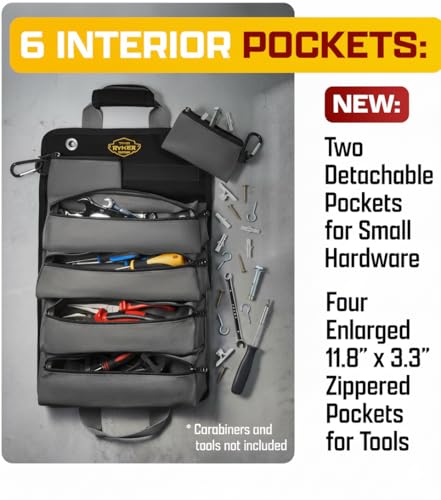 The Ryker Bag The Ryker Roll Up Tool Bag Organizer Gifts for Dad. Heavy Duty Motorcycle Tool Roll Bag Organizer. Portable Rollup Toolbag w/Detachable Pouches - Tools Bags Mens gifts for him/Mechanic (Black) - Image 3