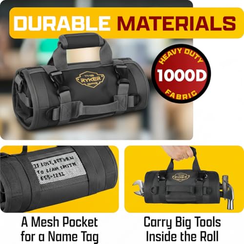 The Ryker Bag The Ryker Roll Up Tool Bag Organizer Gifts for Dad. Heavy Duty Motorcycle Tool Roll Bag Organizer. Portable Rollup Toolbag w/Detachable Pouches - Tools Bags Mens gifts for him/Mechanic (Black) - Image 4