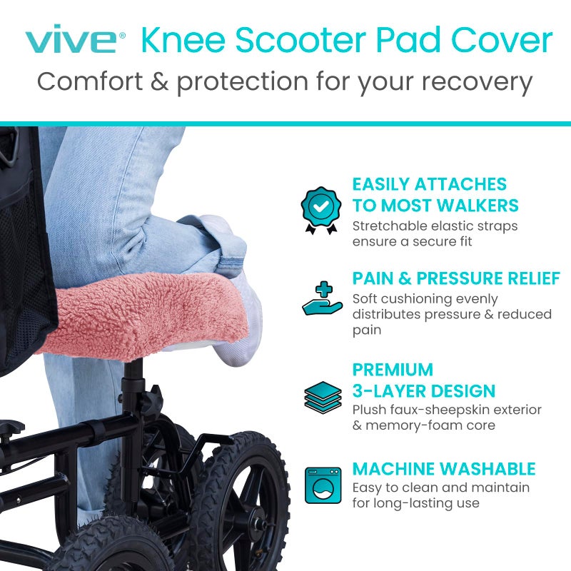Vive Mobility Knee Scooter Pad Cover - Soft Plush Adult Sheepskin Memory Foam Cushion, Walker Accessory for Knee Roller, Padded Accessories Leg Cart Improves Comfort with Injury, Universal Fit (Pink) - Image 2