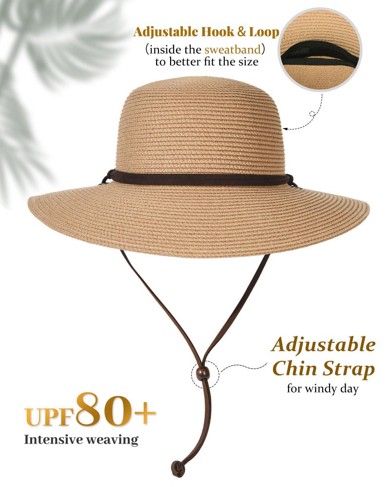 FURTALK Womens Wide Brim Sun Hat with Wind Lanyard UPF Summer Straw Sun Hats for Women Khaki - Image 2