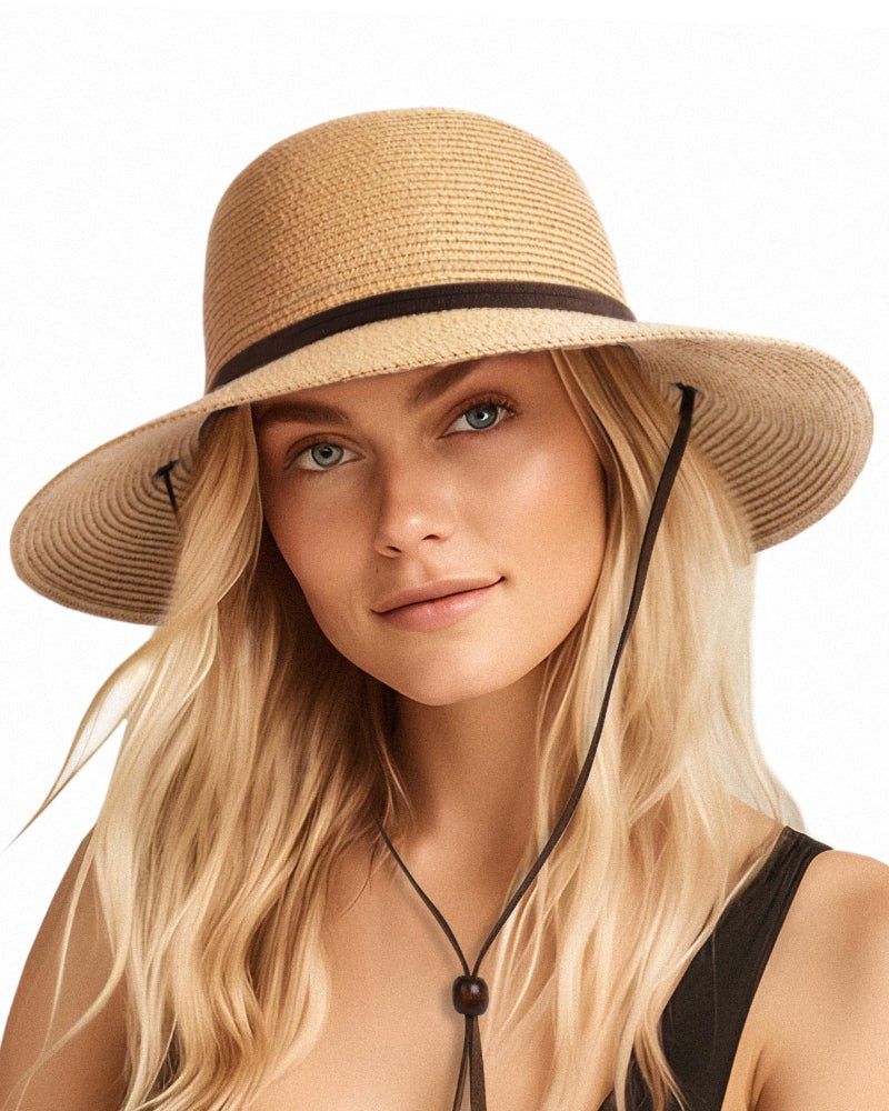 FURTALK Womens Wide Brim Sun Hat with Wind Lanyard UPF Summer Straw Sun Hats for Women Khaki - Image 1
